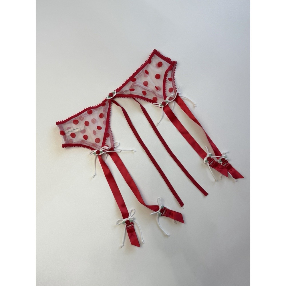 For Love & Lemons Garter Belt Sz L Red Polka Dot Rose Bow Sheer Lingerie